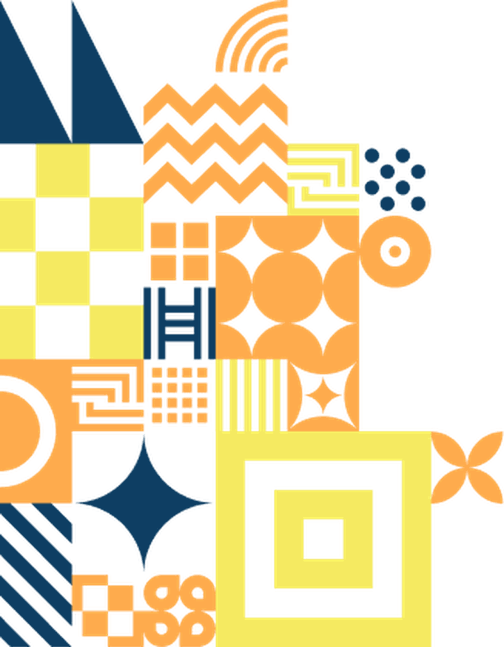 Fundo com padrões de formas geométricos minmalista, com as cores principais laranja, azul e amarelo.