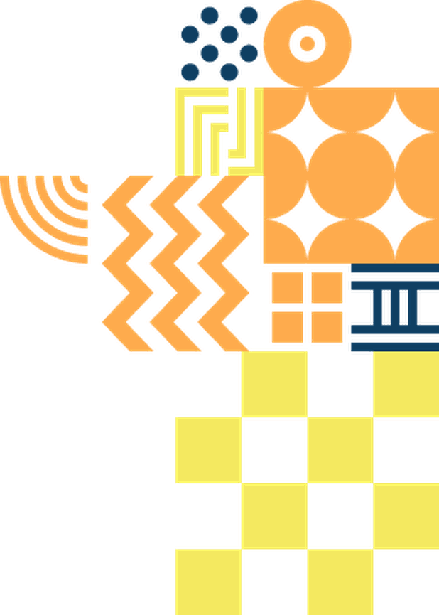 Fundo com padrões de formas geométricos minmalista, com as cores principais laranja, azul e amarelo.